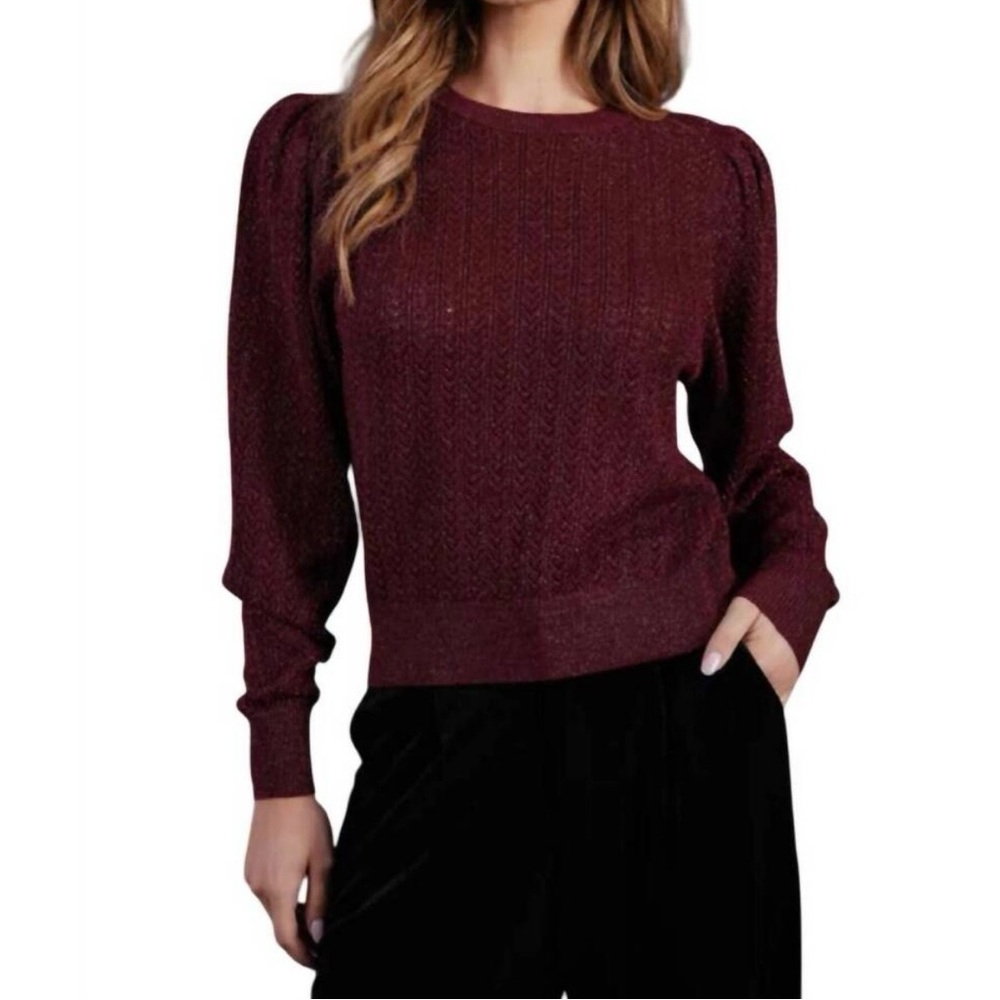 Bishop + Young Sienna Burgundy Puff Sleeve Metallic Sweater Classic Chic Small
